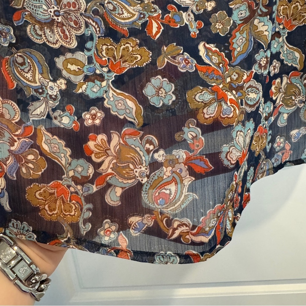 Sheer Fall Paisley Floral Blouse w/ Mother of Pearl Buttons Sz XL Button Sleeve - Picture 7 of 13